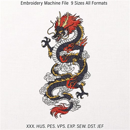 Powerful Oriental Black Dragon Machine Embroidery Design, Mythical Serpentine Fire Pattern, Eastern Folklore Beast Digital File, 9 Sizes - Etsy
