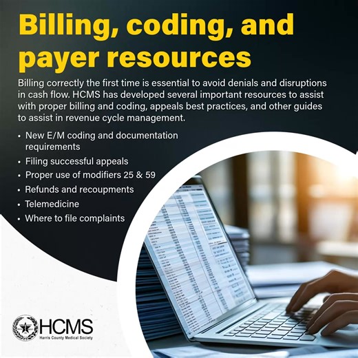 Billing correctly the first time is essential to avoid denials and disruptions in cash flow. HCMS has developed several important resources to assist with proper billing and coding, appeals best practices, and other guides to assist in revenue cycle management. For more information, consult HCMS’ resource at www.hcms.org/Billing-Payers #hcms #harriscountymedicalsociety #medicare #health #physicians #medicine #legislation | Harris County Medical Society
