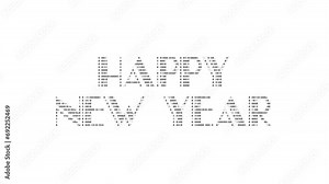 Happy New Year ascii animation on white background. Ascii art code symbols with shining and glittering sparkles effect backdrop. Attractive attention promo.