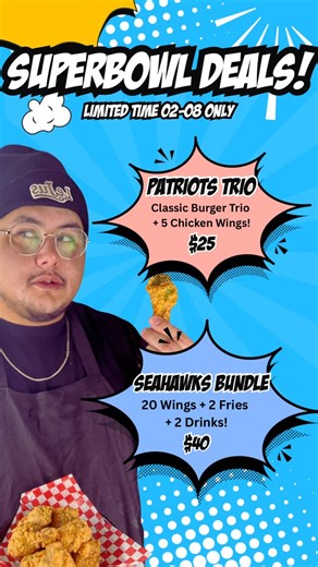 Le Jus - Smashburgers et Sandwichs au Poulet on Instagram: "C'est le JOUR DU MATCH ! Le Jus s'occupe de votre menu pour la soirée. 🏈🍗 🏆 L'ALIGNEMENT : • Trio Patriots (25 $) : Le Trio Burger Classique + 5 ailes de poulet supplémentaires pour une combinaison gagnante. • Forfait Seahawks (40 $) : 20 ailes + 2 frites + 2 boissons. Parfait pour partager ! 📅 TEMPS LIMITÉ : Ces offres sont valables uniquement le 08-02. Ne manquez pas votre coup ! 📍 5976 Ave. Monkland, Montréal, Québec --- BIG GAM