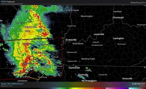 Radar imagery as of 7:06 am 5/26/24: Line of very fast moving storms (70mph) pushing across southeast MO and toward western KY/southern IL. Damaging winds and tornadoes the main threats! | US National Weather Service Paducah Kentucky