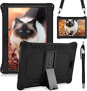 DETUOSI Case for YELLYOUTH 10.1 Tablet, Soft Silicone Lightweight Case Compatible with Dragon Touch Notepad K10, ZONKO 10.1, Beyond Tab 10.1, with Stylus Pen and Shoulder Strap, Black