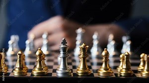 Unrecognizable male in suit making a move in chess play against gray background