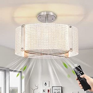 Ceiling Fans with Lights, Crystal Modern Flush Mount Ceiling Fan with Remote Control, Dimmable LED 6 Wind Speeds Low Profile Caged Ceiling Fan with Light for Bedroom Living Room