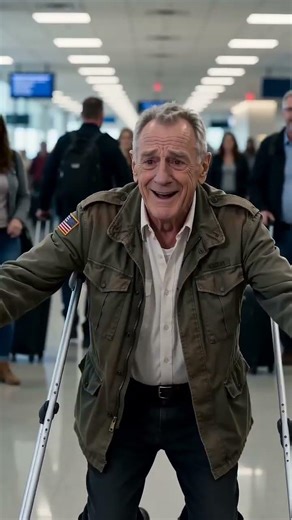 In a crowded airport terminal, a K9 suddenly breaks into a run toward a wounded veteran on crutches