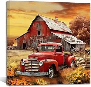 QIXIANG Red Truck Wall Art Vintage Red Barn Canvas Prints Old Car Paintings Country Style Artwork Farmhouse Wall Decor Frame (Red Truck 1, 20.00" x 20.00")
