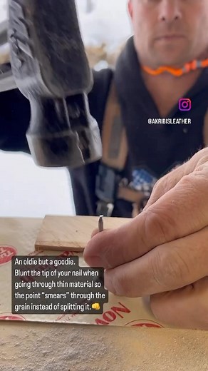 An age old trick that works like a charm. 9 times out of 10, blunting a sharp fastener when driving through thin material will “smear” through the grain instead of spitting it. This little technique makes fastening these 1/8” thick window shims considerably less frustrating. 👍👍 . . . . . . . . #carpenter #carpentry #toolbelt #leathertoolbelt #tradesmen #nail #split #tricksofthetrade #hammer #windowinstallation #framer #handyman | Akribis leather