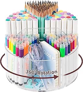 Acrylic Pen Holder Pencil Organizer, 360 Degree Rotating Pencil Holder for Desk, Marker Crayon Organizer for Kids Desk Organizer for Office School Home Art Supply Storage