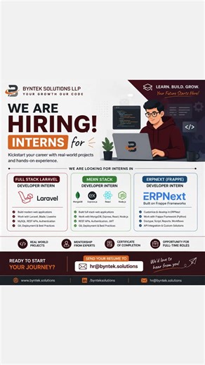 🚀 We’re Hiring Interns | Full Stack Developer (Laravel | MERN | ERPNext - Frappe)