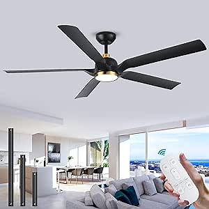 60 Inch Outdoor Ceiling Fans for Patios with Light, Modern Matte Black and Gold Ceiling Fan with Light Remote Control Quiet Reversible DC Motor, Dimmable High CFM Large Exterior Ceiling Fan for Porch