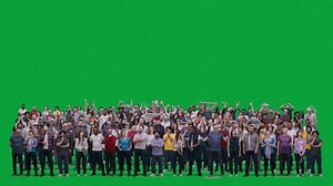 Big crowd of supportive sports fans gesticulate and shout watching football match on stadium. Group of multiethnic people cheering for soccer team playing in international championship. Chroma key.