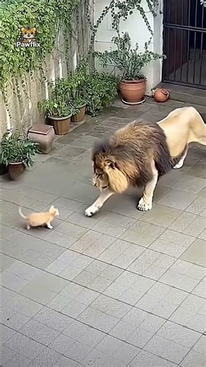 Bravest Kitten Scares Giant Lion! 🦁🙀 #shorts #cat #lion #funnyanimals #brave #viral #cute #trending