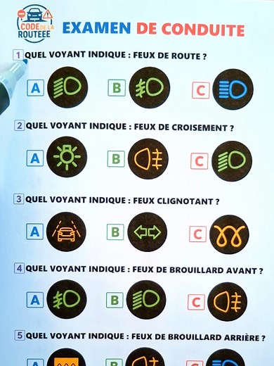 Code de la Route France 2026 : Teste tes Connaissances ! Préparez-vous pour les examens du code de la route et du permis de conduire France 2026 ! Testez vos connaissances sur les voyants des feux de votre voiture avec 7 questions. Obtiendras-tu 7/7 ? Prêt ? C’est parti pour le défi ! #quiz #codedelaroute #permisdeconduire #securiteroutiere #conduite