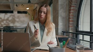 Caucasian businesswoman corporate virtual negotiation write in notebook student girl studying online course psychologist life business coach female office woman work video call conference writing note