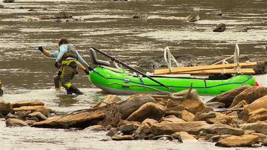 MountainTrue works to haul PVC pipe bundles from French Broad River after Helene