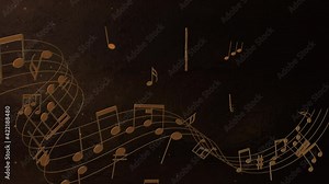 3d gold music notes animation footage,music concept wallpaper,golden particles and notes on a dark floor,dark background Stock Video