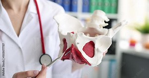 Doctor showing and explaining structure of female pelvic floor muscles on artificial model closeup 4k movie