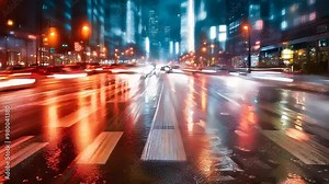 Futuristic urban city street at night with glowing neon lights and speeding cars, showcasing modern transportation, technology, and fast-paced city life