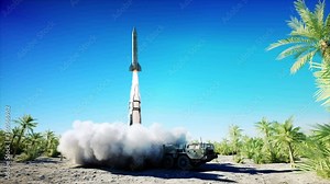 Nuclear ballistic rocket, complex. Launch rocket, dust. Realistic 4k animation.
