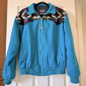 Pendleton Wester Native American Jacket Virgin Wool Zip Up Blue Color USA Size L