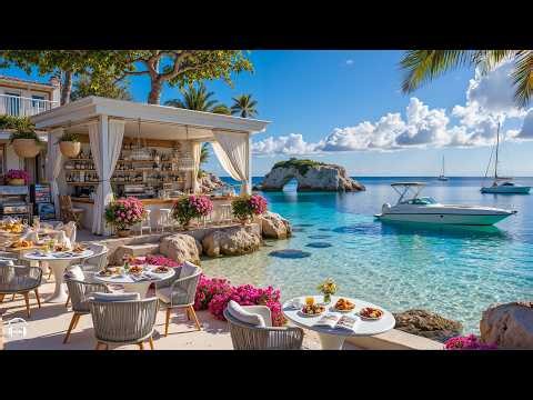 Seaside Coffee Shop Ambience with Tropical Bossa Nova Jazz & Crashing Waves for Uplifting Your Moods