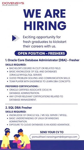 Freshers Hiring Alert 🚀 Oracle DBA & SQL DBA Jobs 2026
