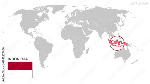 Indonesia Map Video, highlighted in world map with national flag and borders, perfect for presentations, travel, education, geography, and global studies.
