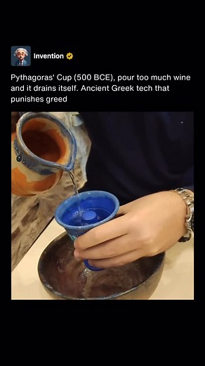 Invention on Instagram: "The Pythagorean Cup, also known as the Greedy Cup, is an ancient Greek invention attributed to the philosopher and mathematician Pythagoras, dating back to around 500 BCE. At first glance, it appears to be a simple drinking cup, but it’s ingeniously designed to function as a practical joke with a moral lesson. The cup uses the principle of a siphon to teach moderation: when filled beyond a certain level, it drains entirely, spilling the contents out through a hidden chan