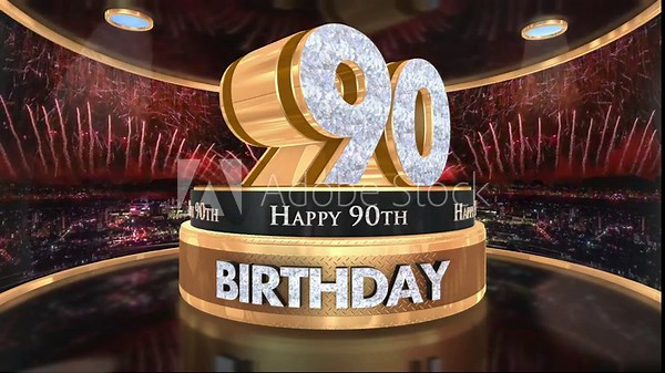 90th birthday animation in gold and diamonds with fireworks background, Animated 90 years Birthday Wishes in 4K