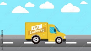 Free shipping service 4K animation video. Cartoon running yellow delivery truck design. Free delivery services concept 4K animated. Delivery truck and box Animated video. Free shipping 4K animation.