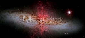 Galaxy Messier 82 slow rotating with near birght supernova star flare lights in outer space, 3D animation. Contains public domain image by NASA