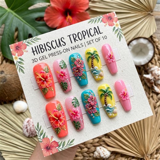 Hibiscus Tropical Press on Nails | 3D Gel Floral Fake Nails | Luxury Tropical Palm Tree Custom Nails | Summer Beach Vacation Nails - Etsy