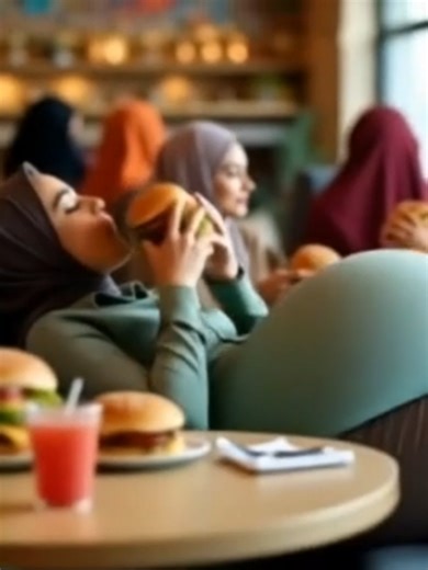Muslim woman eating at hamburger eating contest, big belly rapidly expands, belly growing bigger each second after eating #bellystuffingcontest #weightgain #fatinflation #bellyinflation #girlinflation