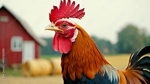 This colorful rooster showcases its bright plumage and distinctive comb while standing in front of a charming red barn, typical of rural life