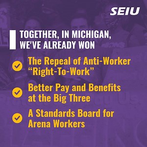 📣 Detroit: LISTEN UP! When we fight together, we WIN – and the proof is in all the recent victories for working people in Michigan and across the country. From the arena worker standards board and safer staffing ratios, to historic strikes and contracts at the Big Three, to repealing the so-called “right-to-work” laws that gave corporations all the power – we have come so far. But the fight is not over yet. We’re just getting started. Join us today! | SEIU