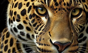 Close-up of a jaguar face with intense eyes and striking fur pattern
