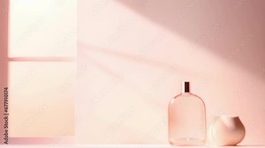 A serene and minimalistic background featuring a pale pink color palette, invoking a feeling of elegance and sophistication. The soft, diffused light from the window casts intricate shadows