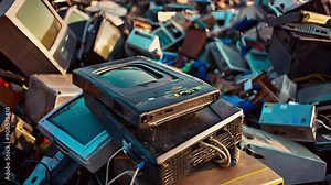 E-waste heap of electronics, computer garbage.