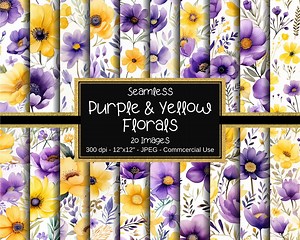 Purple and Yellow Floral Seamless Patterns, Purple and Yellow Digital Papers, 20 Designs, 12x12in, Commercial Use, Floral Pattern - Etsy