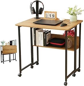 Small Foldable Computer Desk 31.5 Inch Mobile Folding Desk with Wheels and Storage Shelf, Portable Rolling Writing Workstation for Small Spaces, Home and Office, Space Saving Office Desk