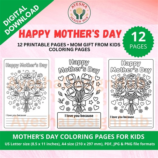 Mother's Day Coloring Pages for Kids | 12 Printable Mom Gift Sheets (digital Download) - Etsy