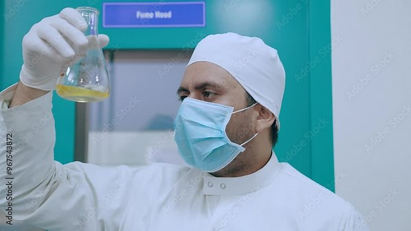 Scientist doing science experiment in a beaker. flask titration with colorful pink chemical liquid in a laboratory with science lab equipment. Close up scientist mixing chemicals. chemist experiment