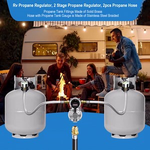 Rv Propane Regulator 2 Tank Hoses, LP Gas Regulator 2-Stage Auto Changeover Kit, Dual Tank Hoses with Propane Tank Gauge, Two-Cylinder Connection Setup for Camper & Trailer Gas Systems.
