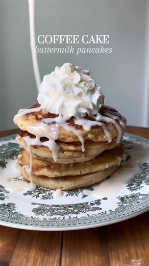 Ansley Prutsman on Instagram: "Coffee Cake Buttermilk Pancakes with Vanilla Glaze All the cozy flavors of coffee cake, in pancake form. Fluffy buttermilk pancakes swirled with cinnamon brown sugar, topped with buttery streusel, and finished with a drizzle of vanilla glaze. Perfect for a slow Saturday morning. Ingredients • 2 cups all-purpose flour • 2 Tbsp granulated sugar • 2 tsp baking powder • 1 tsp baking soda • ½ tsp kosher salt • 2 large eggs @peteandgerrys • 2 cups buttermilk, room temp •