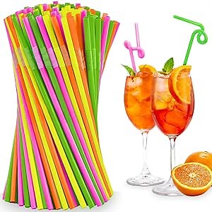 Extra Long Straws Disposable – 200 Pcs Flexible Extra Long Plastic Straws, Stretchable 17.1"–19.5", Bendable for Custom Shapes – Fun Neon Colors for Smoothies, Cold Drinks, Parties & Large Cup Uses
