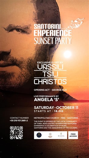 3.1K views · 15 reactions | ✨ Big Announcement ✨ Santorini Experience Sunset Party  The legendary dj Vassili TsiliChristos for the 1st time in the Caldera of Santorini! Joined by the incredible live performance of Angela ‘S’!  Outside the Metropolitan Church, Fira  Saturday, October 11  18:00 — at golden hour 睊 FREE ACCESS! #SantoriniExperience #VassiliTsilichristos #SantoriniNights | Santorini Experience | Facebook