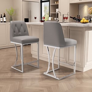 Solfway 24" Counter Height Bar Stools Set of 2, Gray Leather Counter Stool Bar Chairs with Back for Kitchen Island