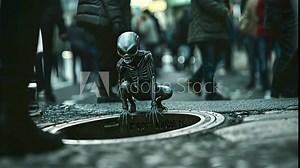 An alien figure emerges from a city manhole, contrasting starkly with the bustling crowd in this urban scene, evoking surprise and intrigue