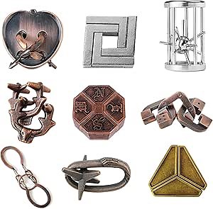 9 Pcs Metal Brain Teasers 3D Puzzle Set for Adults Teens and Kids - D