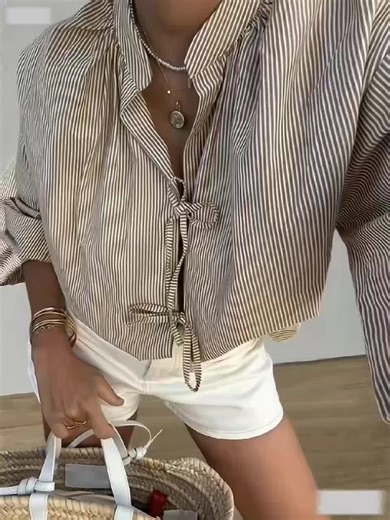 video, Women's Striped Print Tie Front Shirt, Casual Short Sleeve Collared Top for Vacation Holid...